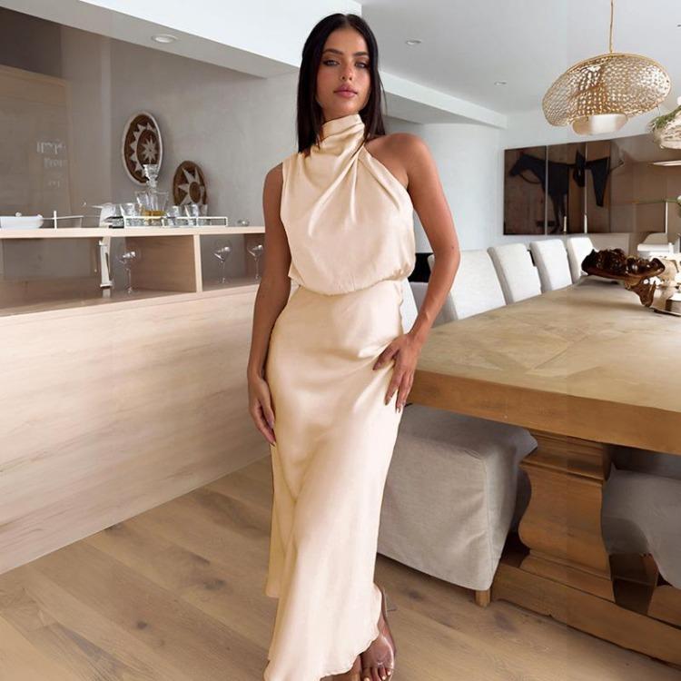 Rochie Femei Solidă Talie Înaltă Halter Bretele Spaghete Lungime Gleznă Guler Înalt
