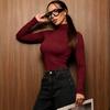 Womens Solid Color High Neck Long Sleeve T-Shirt Slim Fit Basic Top