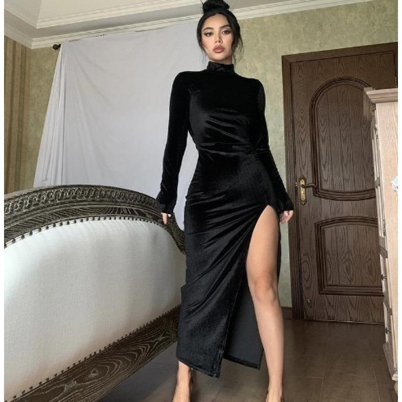 High Neck Long Sleeve Velvet Slim Fit Ruched Slit Dress for Women