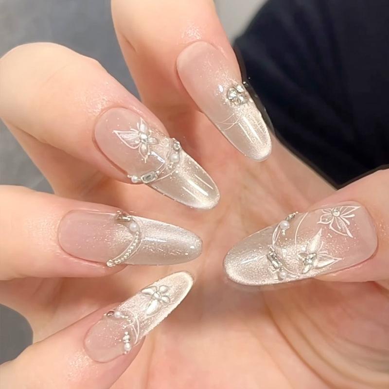 

High-End Handmade Butterfly Cat Eye Pearl Chain Manicure Tips - Light Luxury Spicy Girl False Nails Handmade Nails Size XS 10 Pieces/Bag