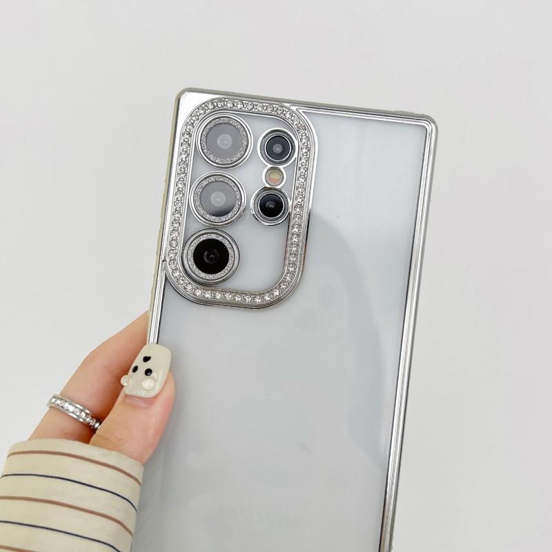 Luxury Plating Glitter Diamond Edge Clear Case For Samsung S24 S23 S22 Ultra Plus Camera Protection Transparent TPU Soft Cover