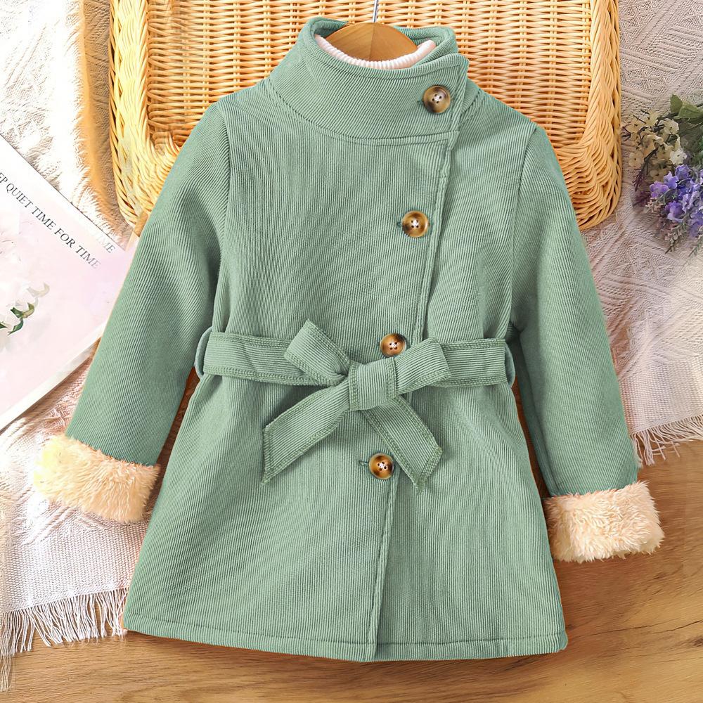 

Детская одежда для детей малого и среднего возраста, новая осенняя куртка для девочек однотонного цвета с плюшевыми рукавами и воротником средней высоты. 120cm зелёный