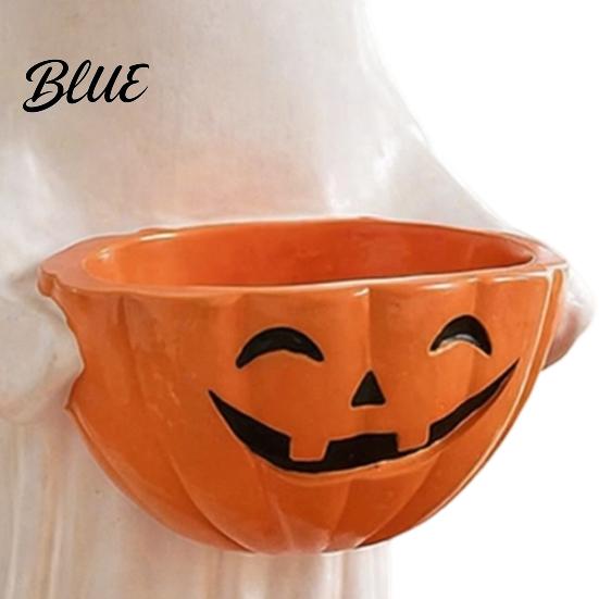 Fall Harvest Home Decor Resin Ghost Statue with Pumpkin Candy Bowl Cute Figurine Trick Decorative Snack Bowl or Treat Holder for Front Porch