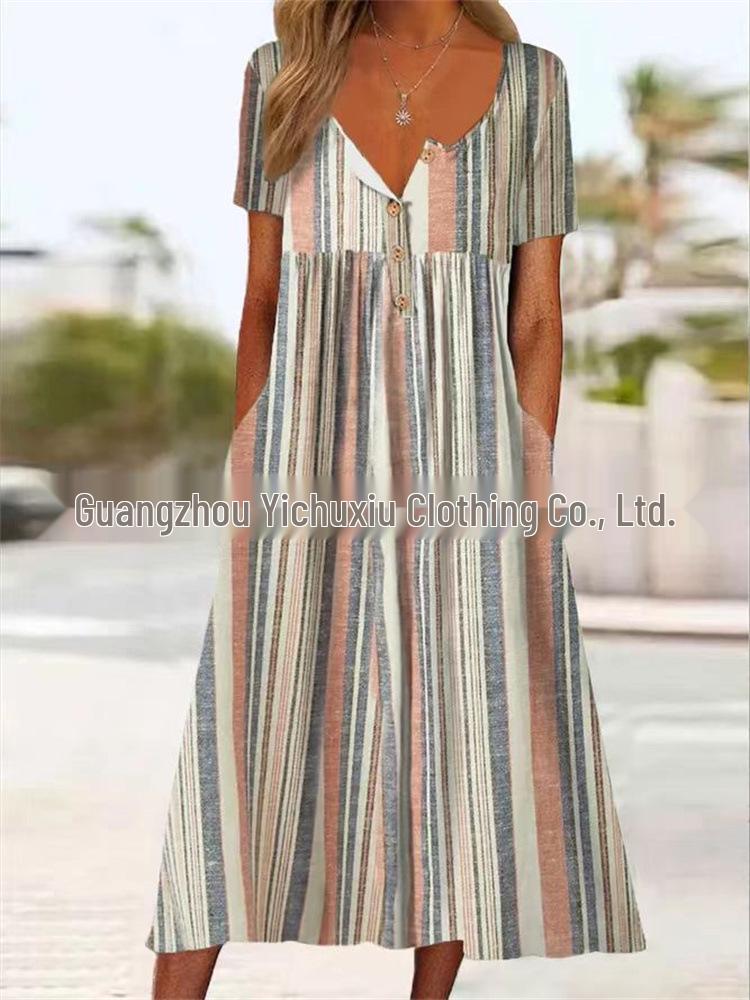 2023 Plus Size Retro Spliced Cardigan Pocket Pleated Dress