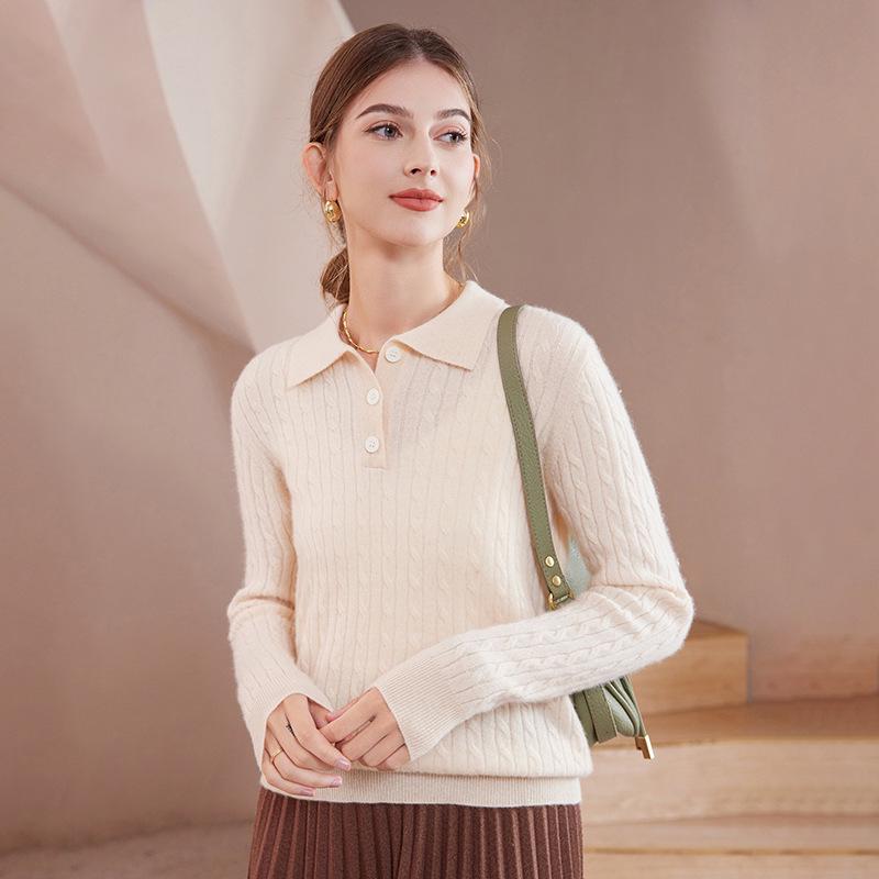 2024 Autumn/Winter Women's Casual Loose Korean Style Cable Knit Polo Collar Sweater