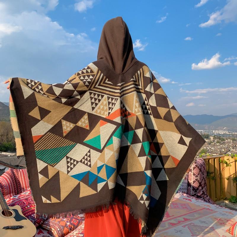Warm Thick Plaid Hooded Cape Shawl Women Winter Cozy Wrap Scarf Lightweight Blanket Coat
