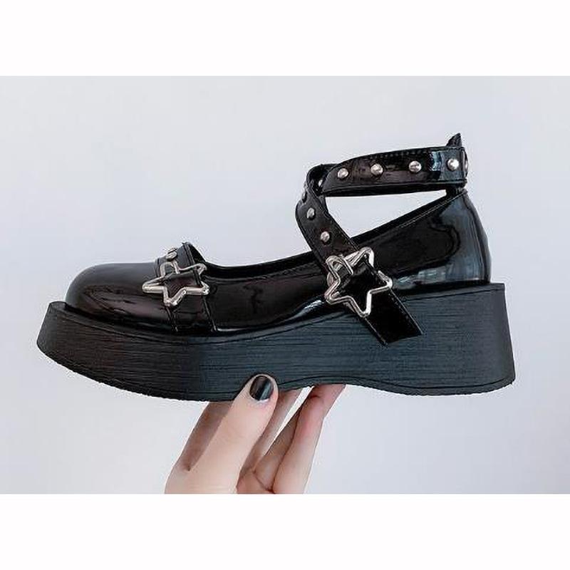 Shoes Lolita Shoes Women Heels Platform Mary Janes Star Buckle Strap Mary Janes Women Cross-tied Girls Rivet Casual Kawaii Shoes