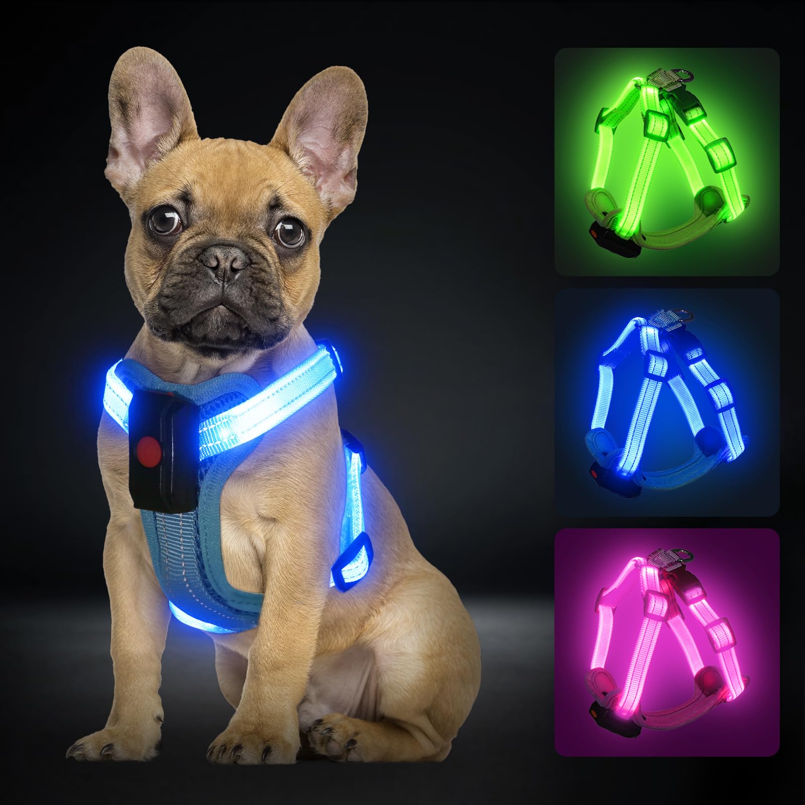 

PZRLit Dog Harness for Small and Cats Reflective for Nighttime and Outings Popular Blue Pet Harness Light-Up Dogs, Puppies, - Rechargeable, Band, синий