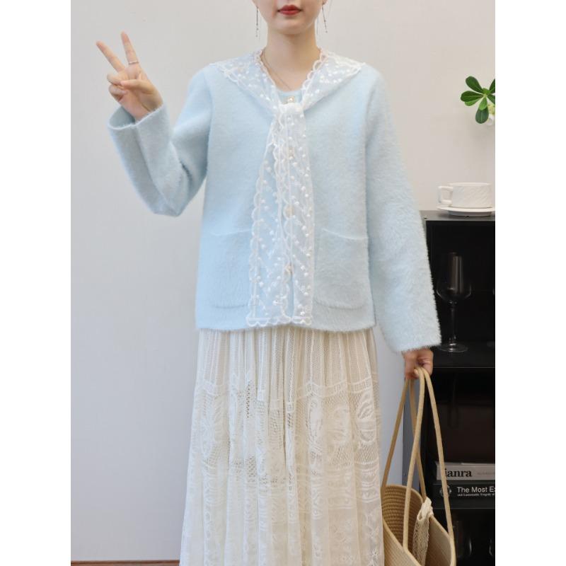 

Осень и зима новый кружевной платок имитация норки бархат вязаный кардиган мягкий восковой темперамент свитер куртка женская one size fits all синий