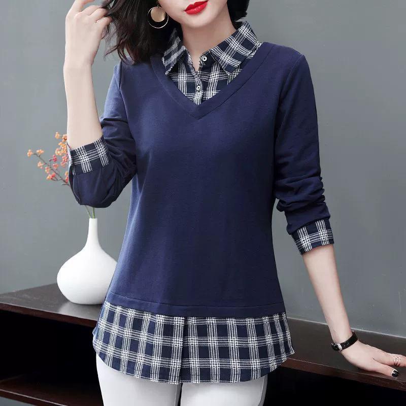 Women's Spring and Autumn Plus Size Lapel Plaid Long Sleeve Slim Top Shirt