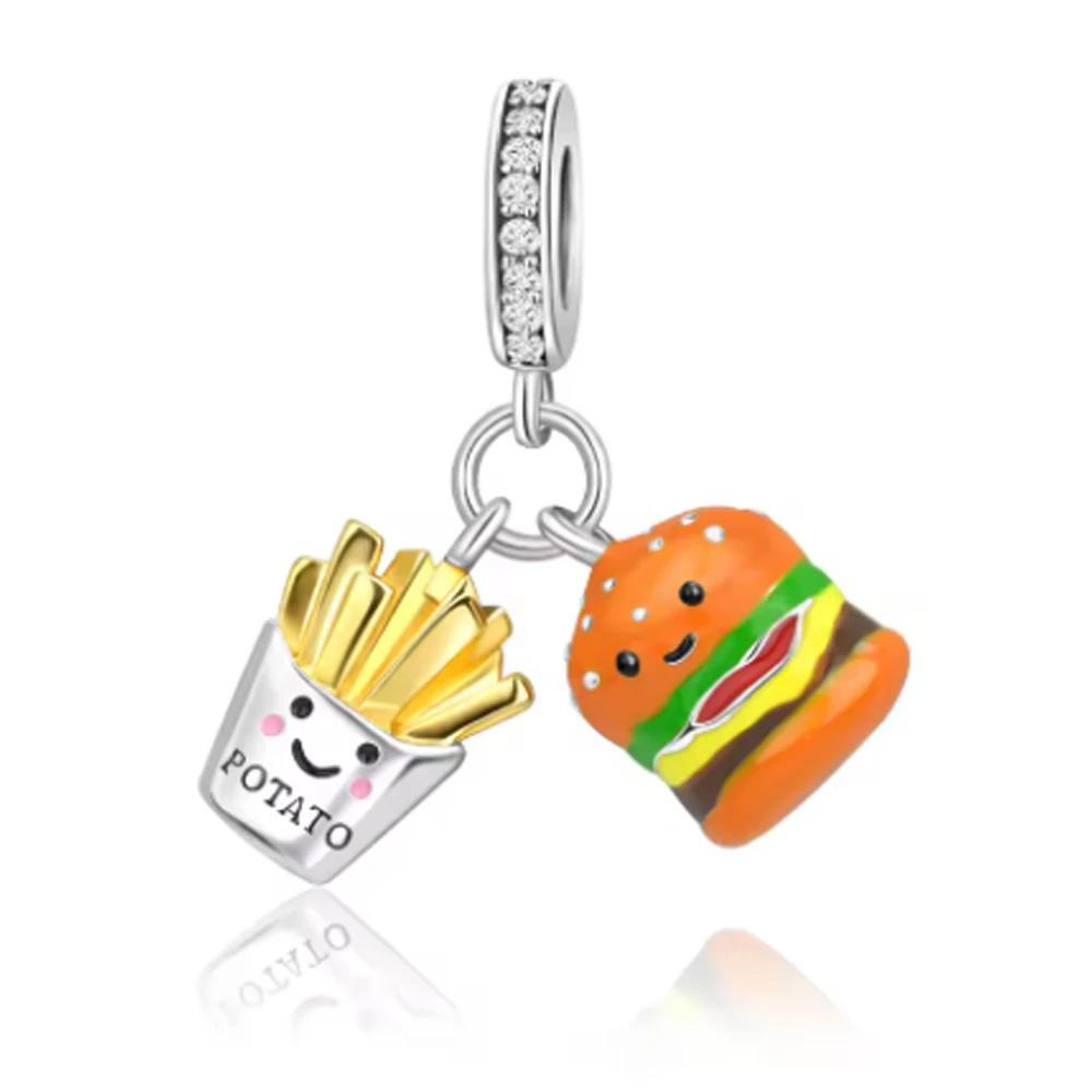 925 Silver Cute Lollipop Ice Cream Pendant Charms Cake Fruit Candy Donut Apple Pizza Beads Necklace DIY Bracelet Jewellery Gift