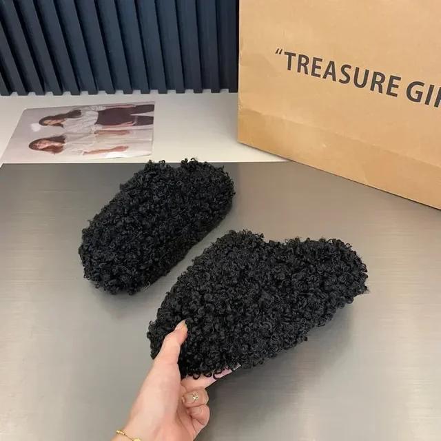 New Thick Heel Luxury Lamb Wool Winter Shoes for Women, Flip Top Flat Cap Shoes with Warm Curly Lamb Wool Slippers for Women