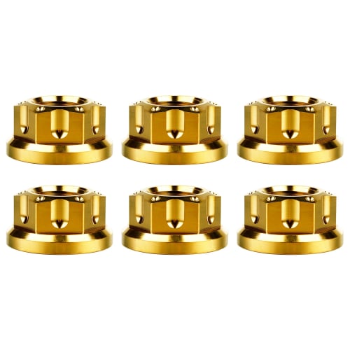 Ruifu Titanium Alloy Nuts, M6, M8, M10, M12, M14, M16, Colorful Rear and Front Shock Absorber Wheel Axle Nuts for Yamaha Scooters, Pack of 6 (M6, Gold