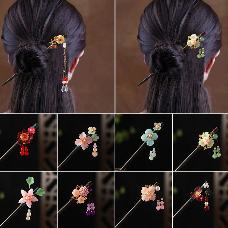 Vintage Handmade Luxury Flower Tassel Hairpins Hair Sticks Hair Wood Chinese Hair Stick Pins For Women Hair Ornaments headdress