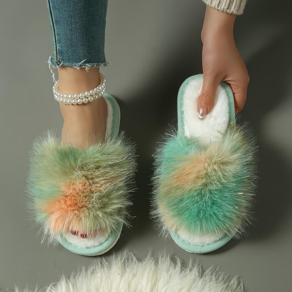 Ultra-Long Colored Plush Slippers Women'S Home Indoor Couple Home Straight Plush Slippers, Women Shoes