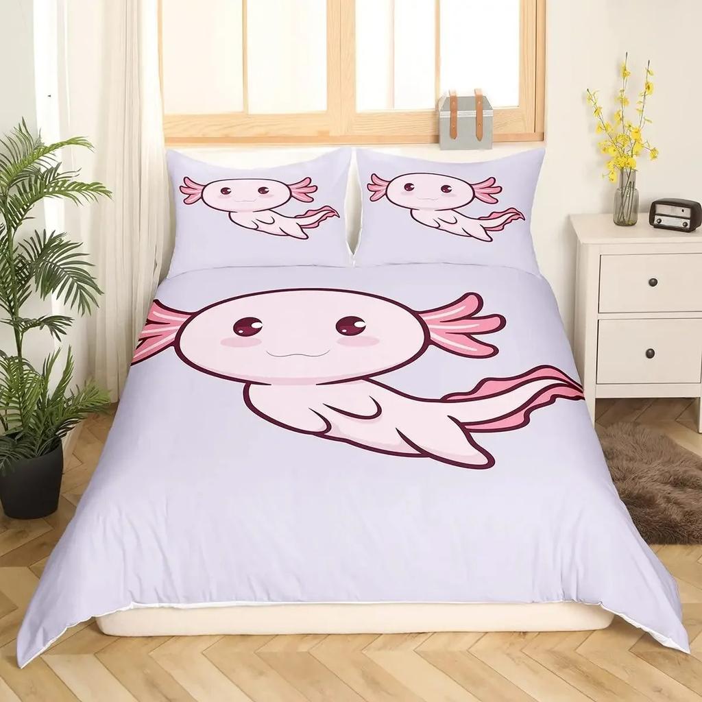 Cartoon Axolotl Duvet Cover Set KingQueen Size Kids Girls Boys Cute Rainbow Sea Wildlife Animal Reptile Polyester Bedding Set