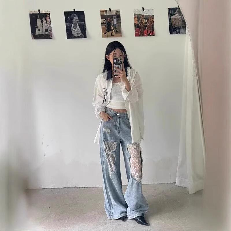 Women's Retro Patchwork Ripped Jeans - Spring/Summer 2025 Wide-Leg Style