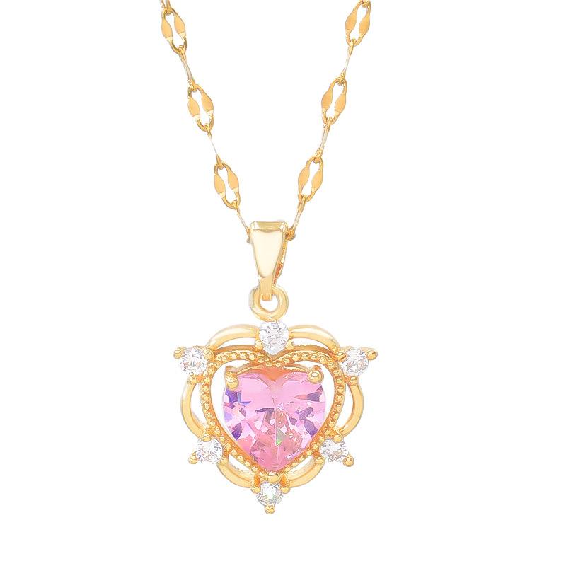 Pink Zirconium Love Necklace Women'S Light Luxury Simple Versatile Inlaid Pendant