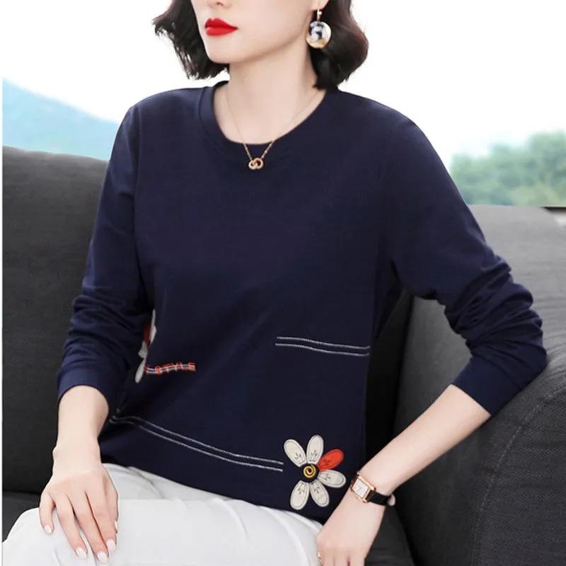 

Женская футболка с длинным рукавом из чистого хлопка, свободный топ, новая модная осенняя одежда с базовым слоем L синий