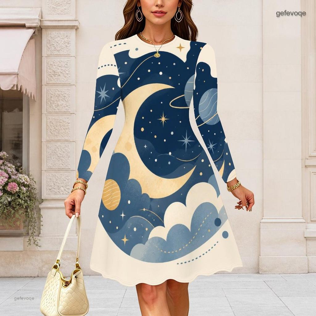 Women Plus Size Round Neck Long Sleeve Midi Dress Golden Moon Wine Glass Floral Art Print High Waist Swing Dress