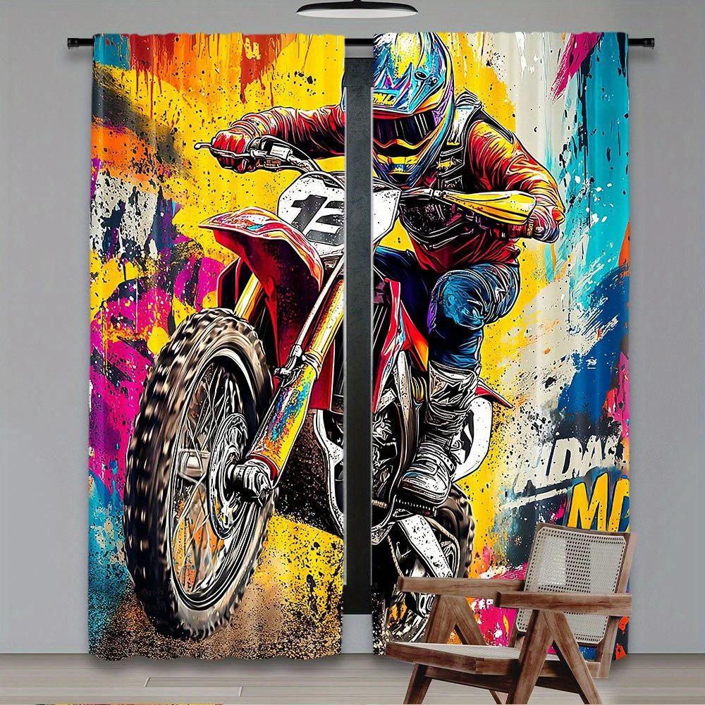 2pcs- Off-road Motorcycle Modern Style Color-blocking Art Printed Curtains, Pole Bag Home Decoration, Room Decoration
