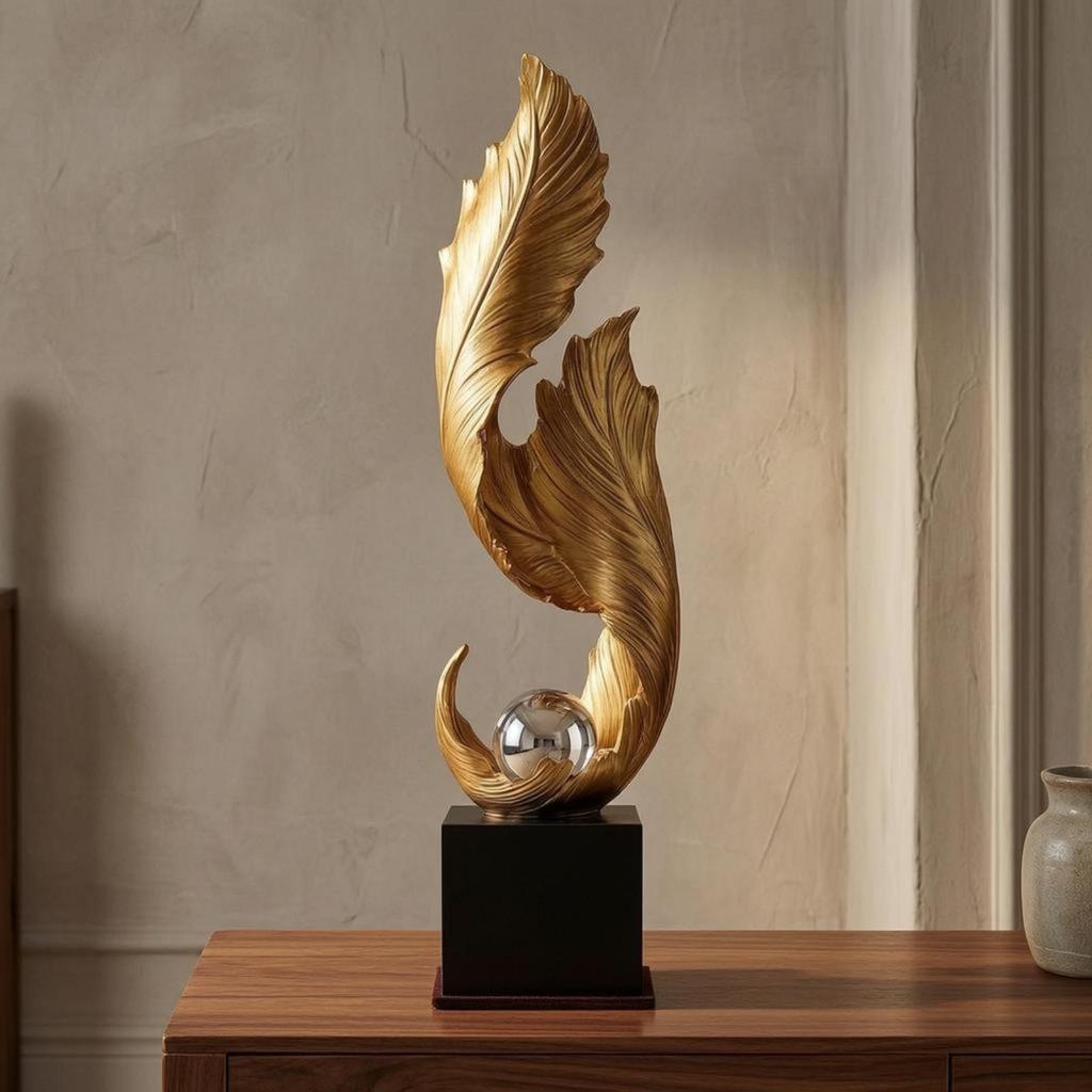 Golden Plume Statue Layered Floor decor Standing Ornament Slender Feather