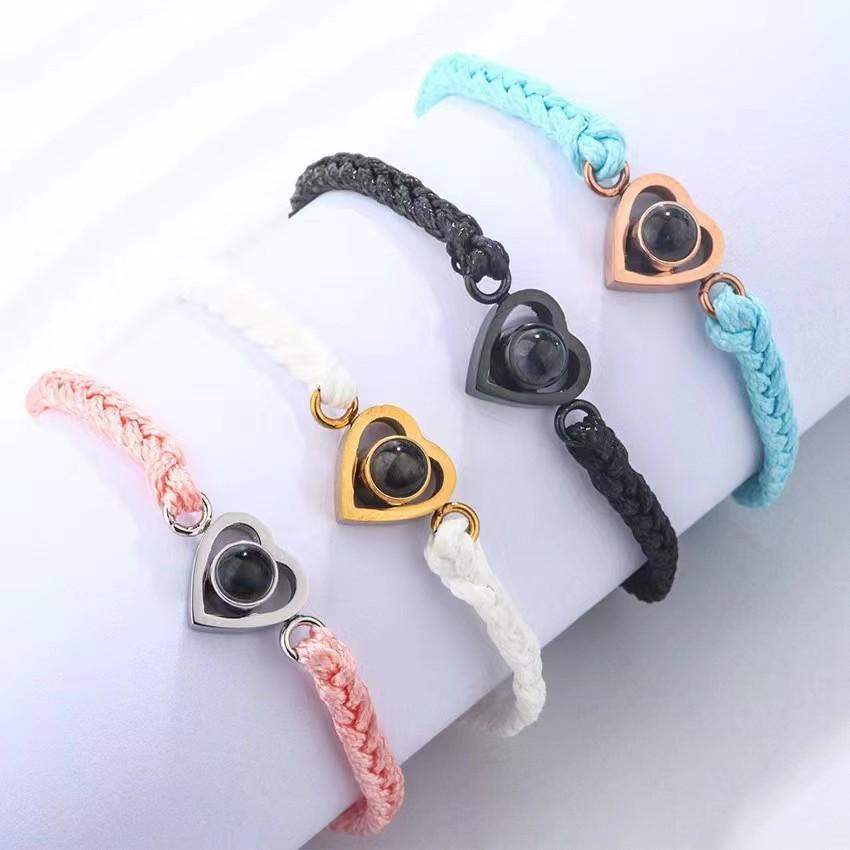 Heart Projection Titanium Steel Bracelet - 100 Languages Customizable Photo Jewelry for Couples