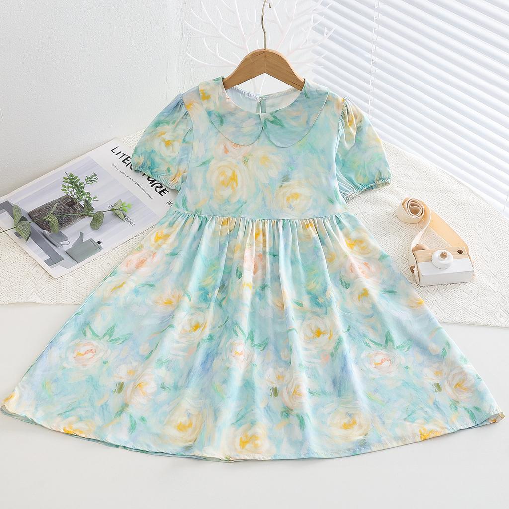 Resort Style Children's Clothing Summer Style Children's Cotton Silk Doll Collar Princess Dress Girls Artificial Cotton Floral Dress