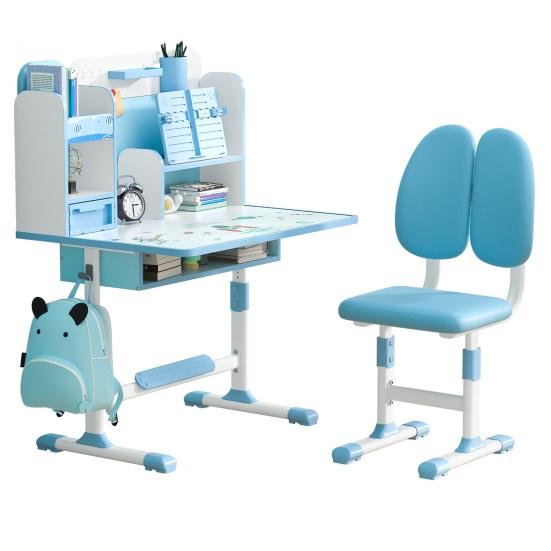 2 ks/sada Dětský psací stůl a židle Nastavitelná výška Psací stůl a židle s korektorem sezení Ergonomická židle ke stolu se stojanem na knihy (Růžová, Modrá)