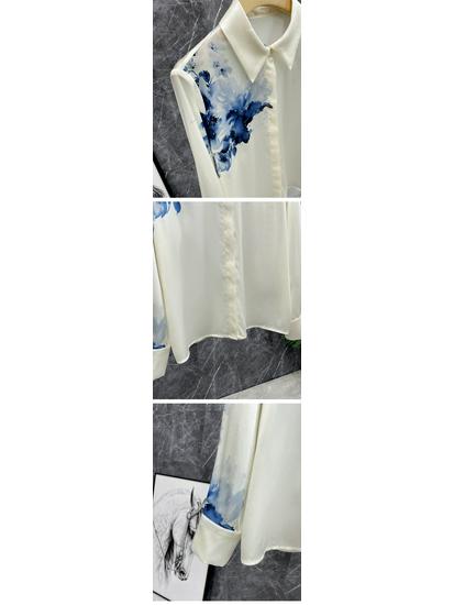 2024 Kunstnerisk blekkvask oljetrykk satengskjorte: Langermet, Motebevisst Temperament Topp
