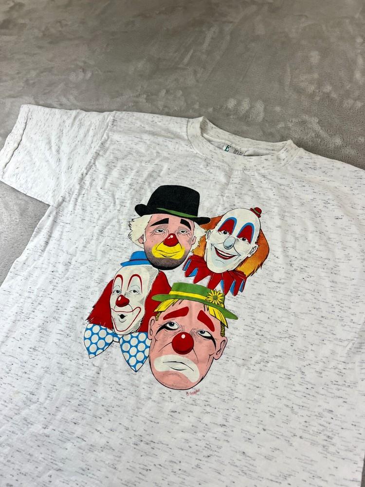 

Vintage Rare Large Clown Faces T Shirt Heathered White IT Bozo Krusty Single Sti Unisex T-Shirt XXXL