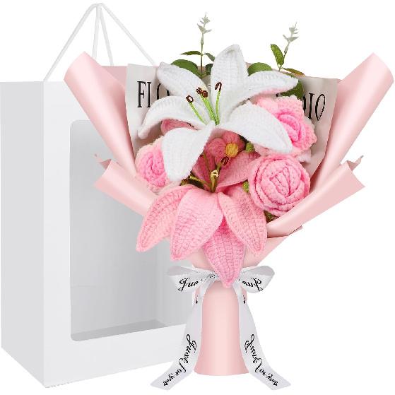 Crochet Flowers Crochet Flower Bouquet with Greeting Card Finished Handmade Knitted Flowers Roses & Lily Bouquet for Mother's Day Valentines Day