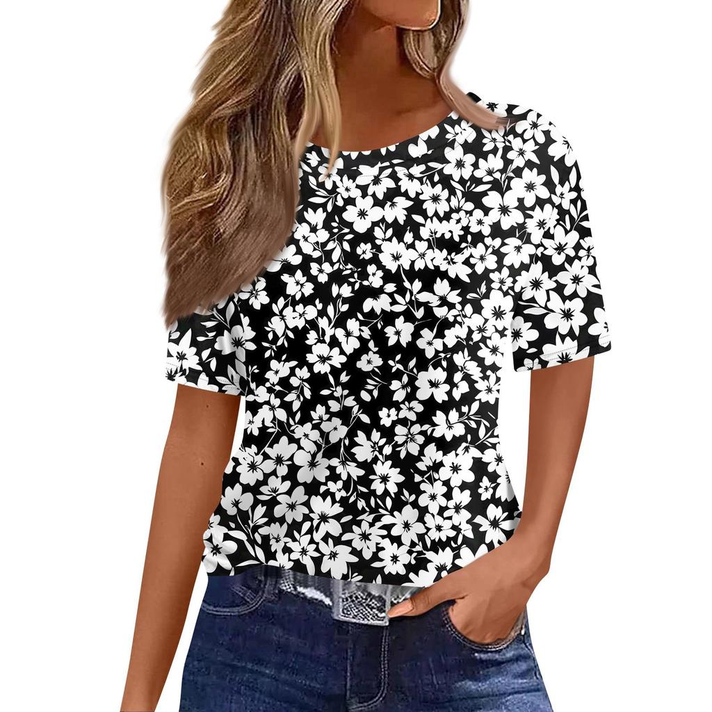 Γυναικείο Μοντέρνο Καθημερινό Μπλουζάκι Πουλόβερ με Μανίκι Κοντό και Εκτύπωση, Στρογγυλή Λαιμόκοψη