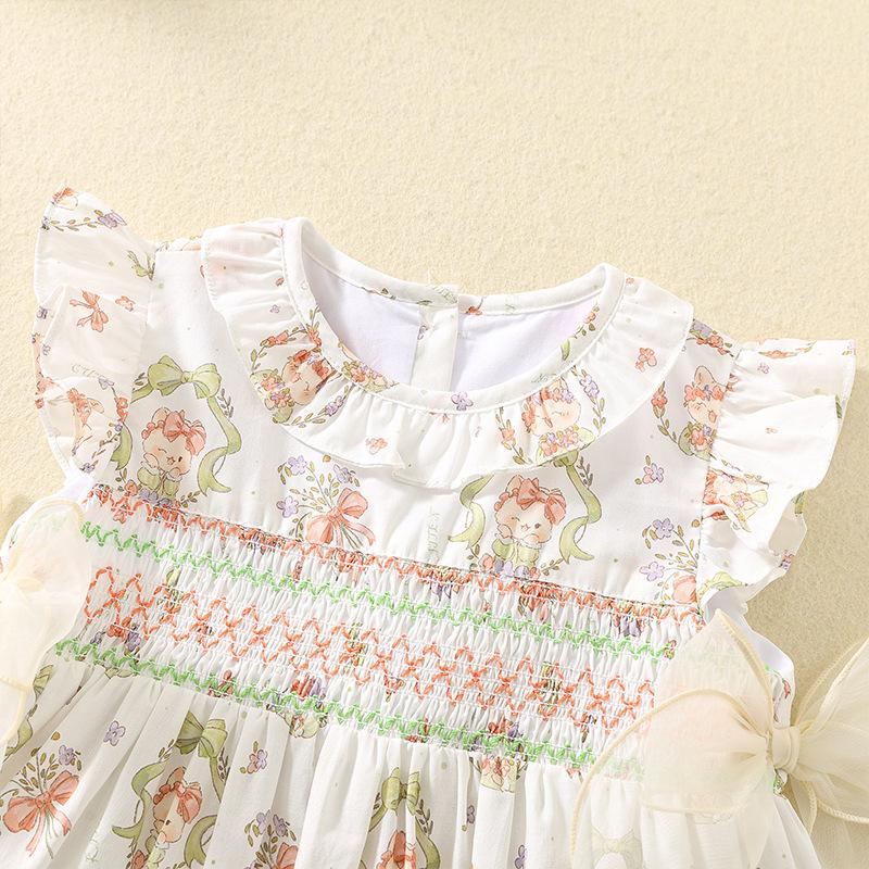 Summer Girls Cotton Printed Smocked Dress Cute Thin Princess Casual Dress For Toddler And Kids