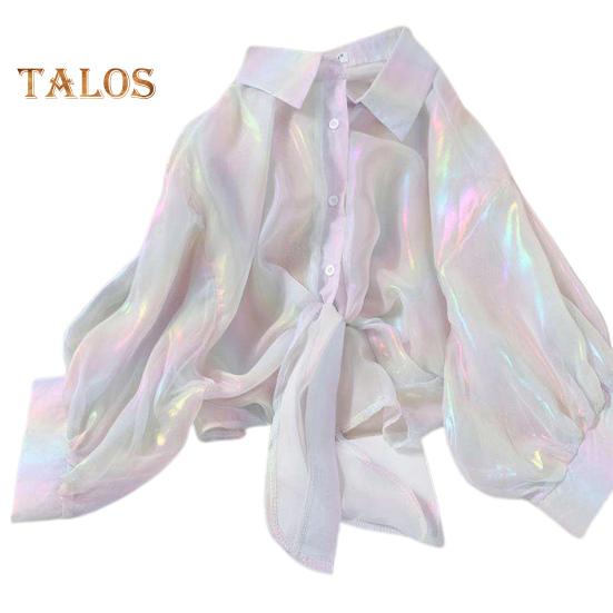 

Женская рубашка с защитой от солнца, рубашка с лацканами 3/4, яркая рубашка радужного цвета, однобортный топ с галстуком-бабочкой, тонкая шифоновая рубашка белый