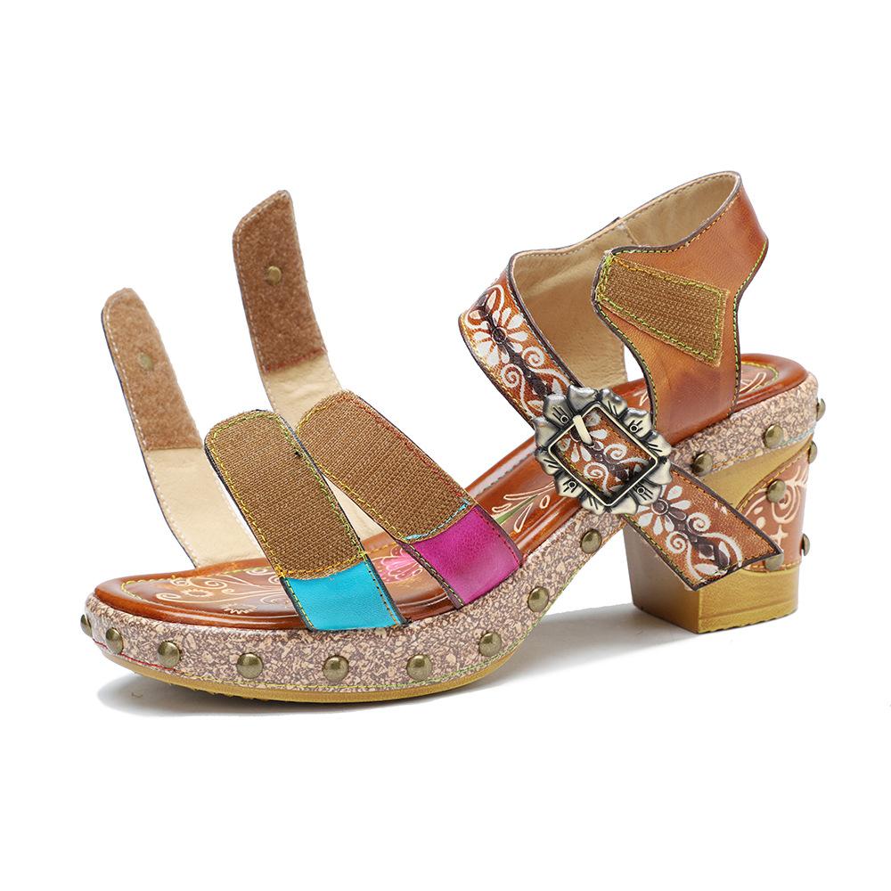 Johnature Genuine Leather Summer Women Shoes Handmade Vintage Rivet Contrast Color Comfortable High Heel Sandals