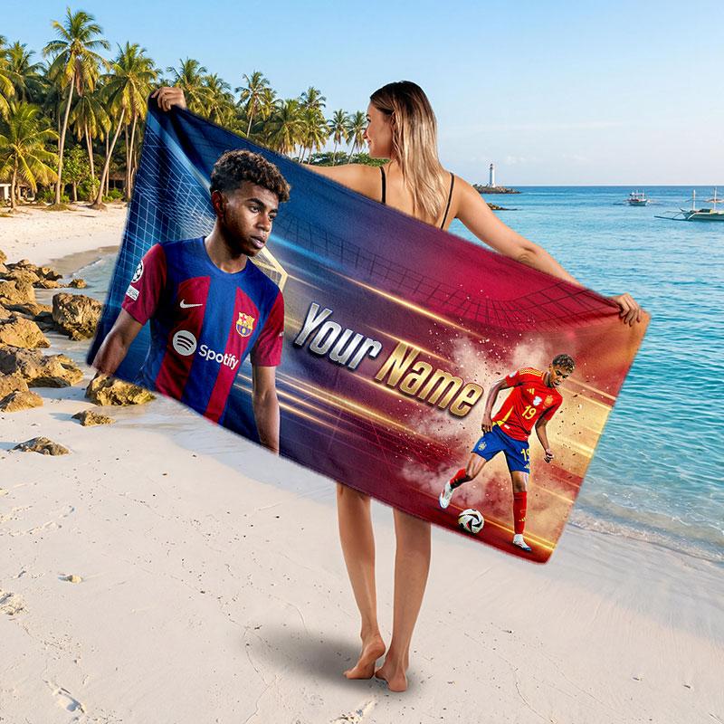Asciugamano da Spiaggia Personalizzato Lamine Yamal, Stampa Testo Nome Personalizzato, Asciugamano Morbido ad Asciugatura Rapida con Logo Calcio, Regalo per le Vacanze