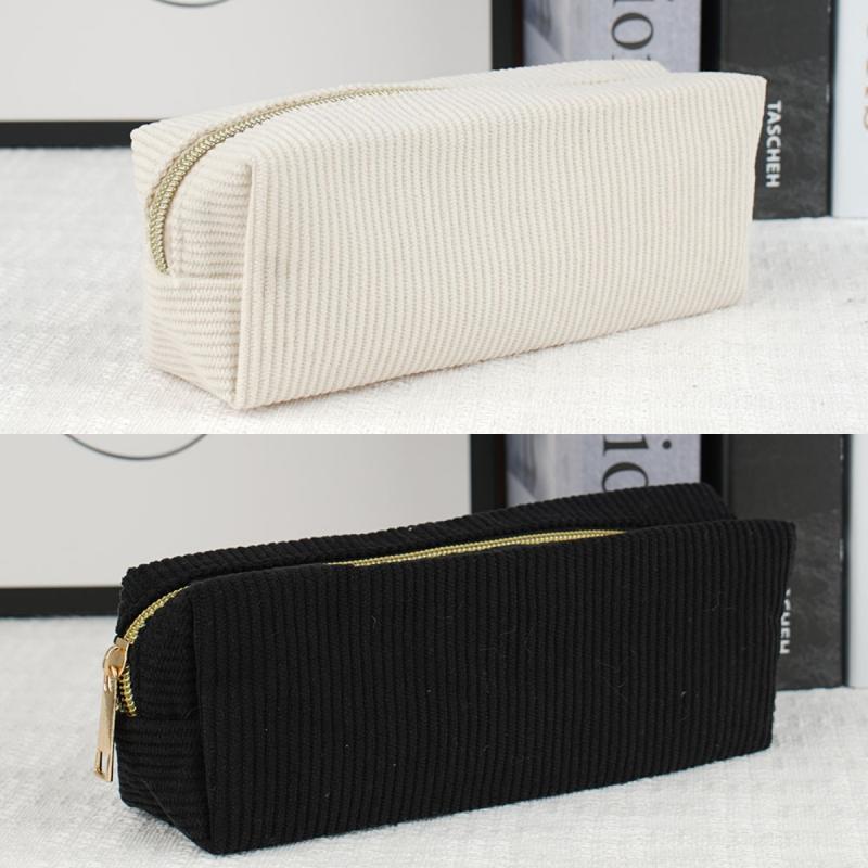 Vintage Simple Solid Color Corduroy Pencil Case Large Capacity Stationery Storage Bag School Supplies