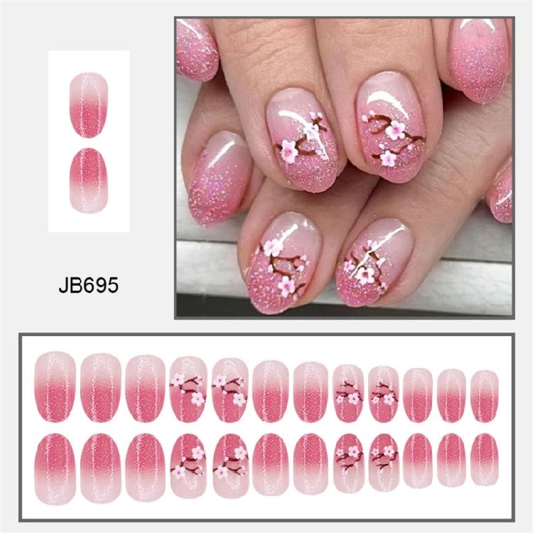 24 Pcs Peach Blossoms Stick On Nail Simple Artificial Nail Short Round False Nail Glittering Press On Nail for Woman