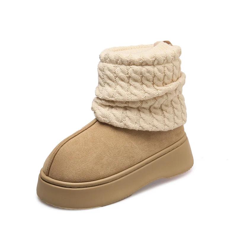 2024 Winter New Knitted Socks Snow Boots Fashion Thick Soles Warm and Velvet Non-slip Wearing Cotton Shoes Women