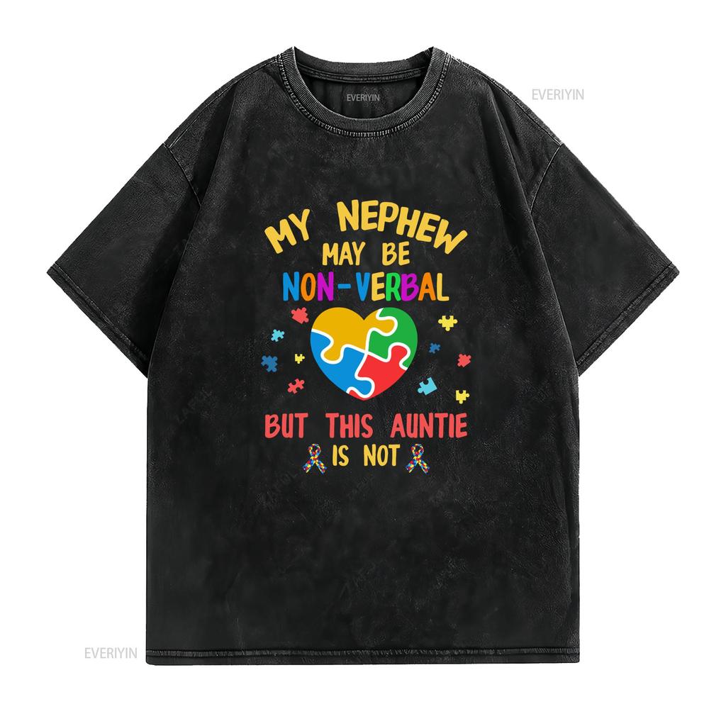 Casual Autism Awareness Non Verbal Nephew Auntie Colorful Puzzle Heart Print T Shirt vintage Washed Stylish Unisex graphic
