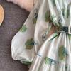 Herbst Vintage Frauen Floral Bedruckte Patchwork Lange Kleid Elegante V-ausschnitt Puff Ärmel Aushöhlen Saum Urlaub Strand Vestidos Neue