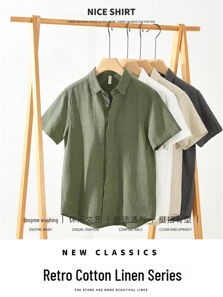 Summer Cotton Linen Short Sleeve Retro Casual Shirt with Turn-Down Collar