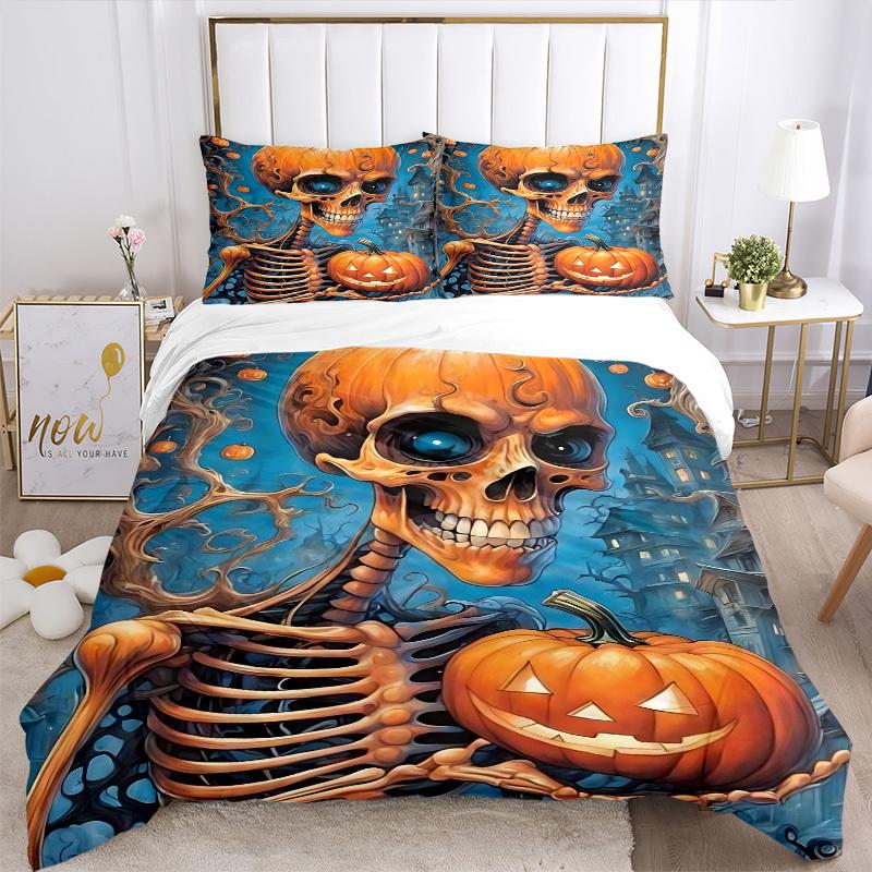 3pcs Halloween Skeleton Duvet Cover Set, Cover For Bedroom Guest Room (1 Duvet Cover + 2 Pillowcase, Without Quilt),  yy250922144