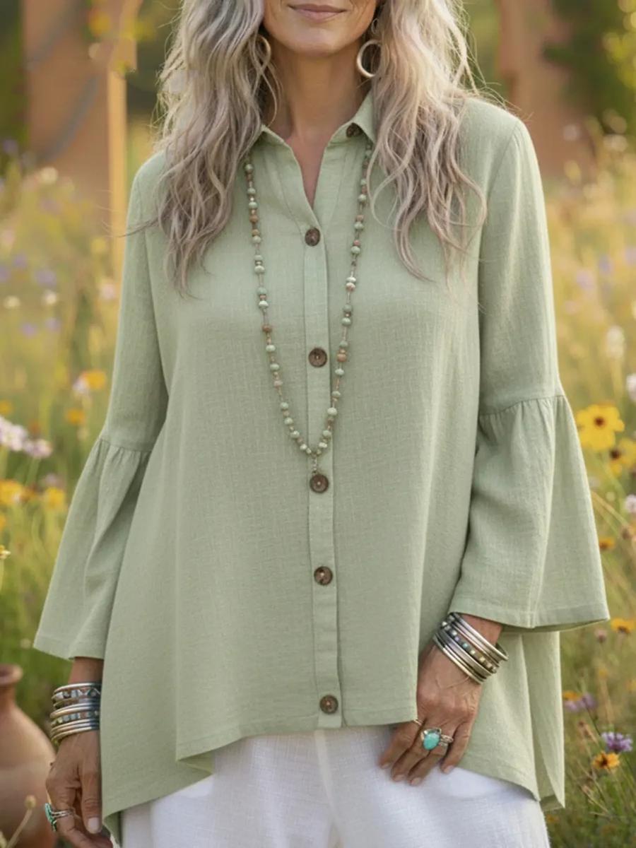 

Women s Autumn New Solid Color Cotton Linen Bell Sleeve Long Sleeve Shirt XXXL світло-зелений колір