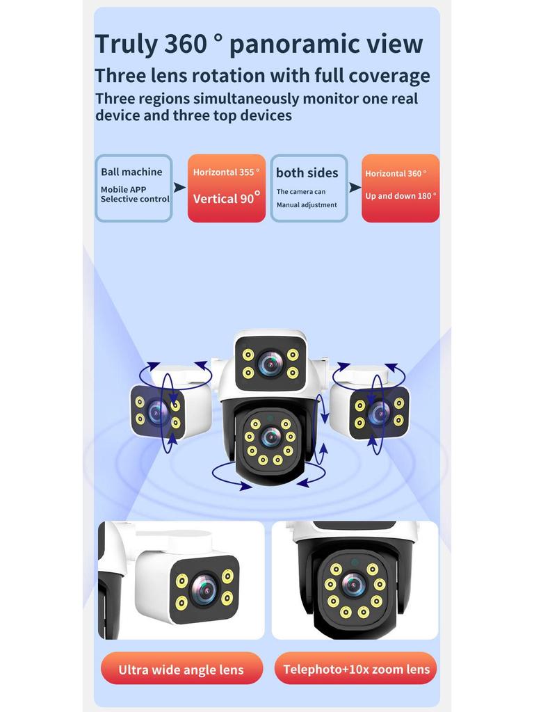True Triple-Lens HD WiFi PTZ Surveillance Camera with Night Vision and Full Color for Indoor/Outdoor Use