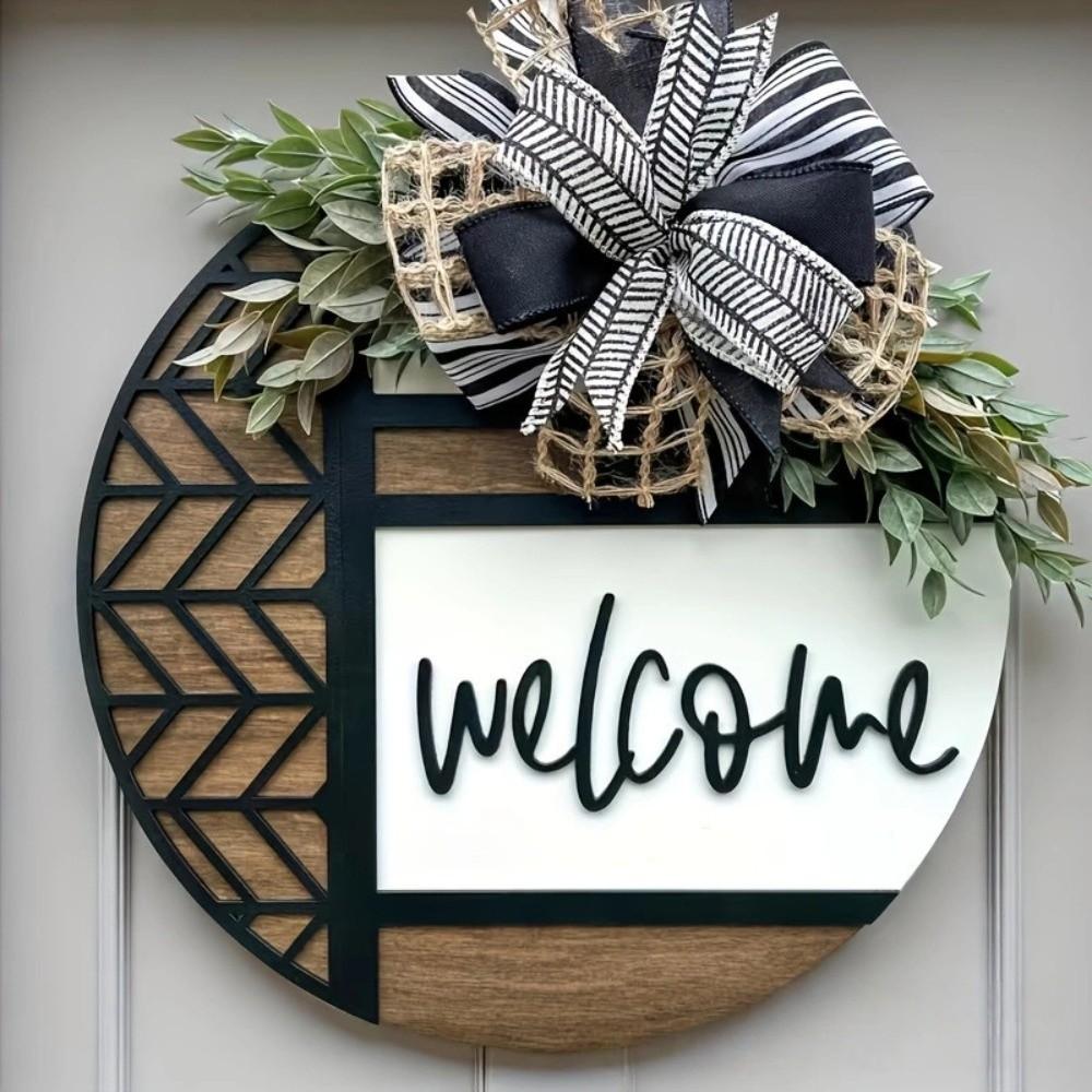 Artificial Plant Welcome Sign Bow Knot Wall Art Garlands Door Wreath  Outdoor Decor