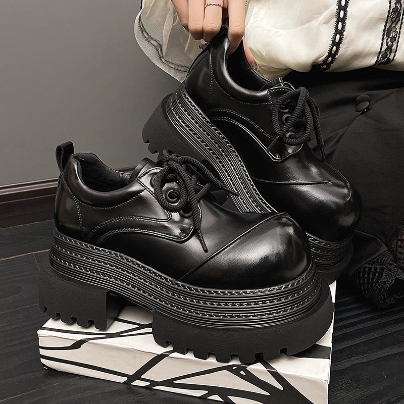 Muffin Sole Personalized Big Head Low-top Shoes 2025 Spring New Thick-soled Thick Heel Lace-up Casual Small Leather Shoes Loafers