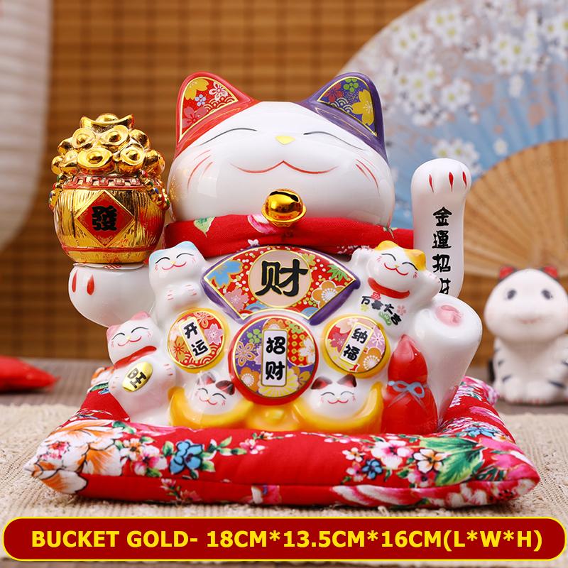 7 Inch Fortune Cat with Waving Arm Ceramic Maneki-Neko Lucky Cats Feng Shui Decor Ornament for Home Office Shop Decoration