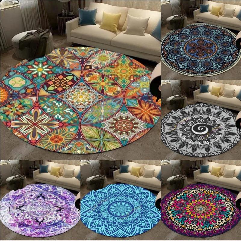 Round Carpet Retro Mandala Geometric Flower Pattern Rug Living Room Bedroom Cloak Non Slip Mat Home Decoration